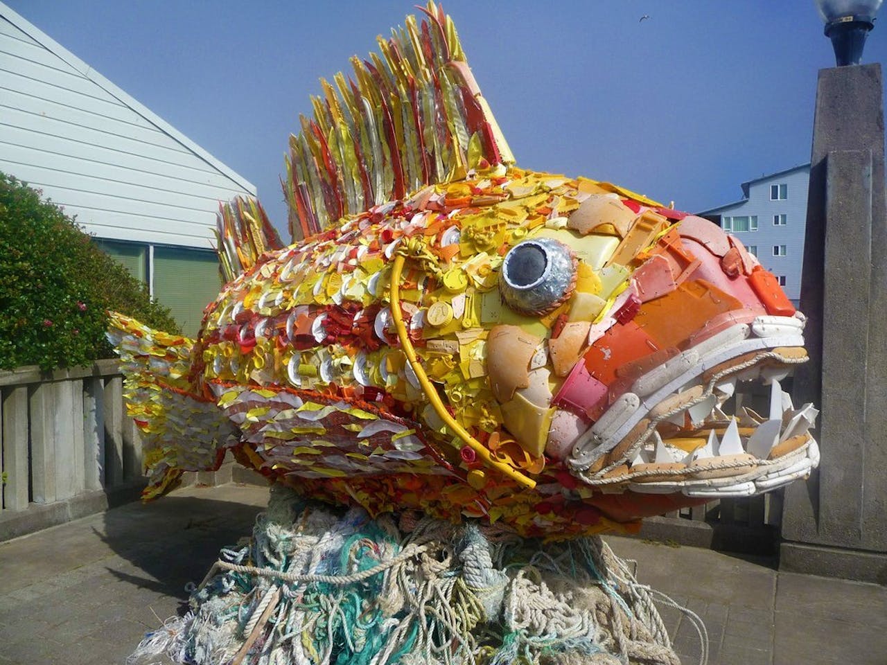 Kunstenaars vragen aandacht voor plasticvervuiling met sculpturen, zoals deze vis van kunstenares Angela Haseltine Pozzi.