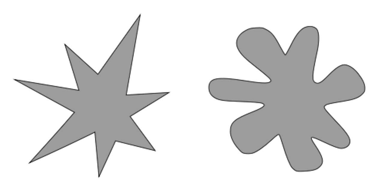 De twee symbolen van het bouba/kiki effect. We zien een bloemachtig symbool en een ster.