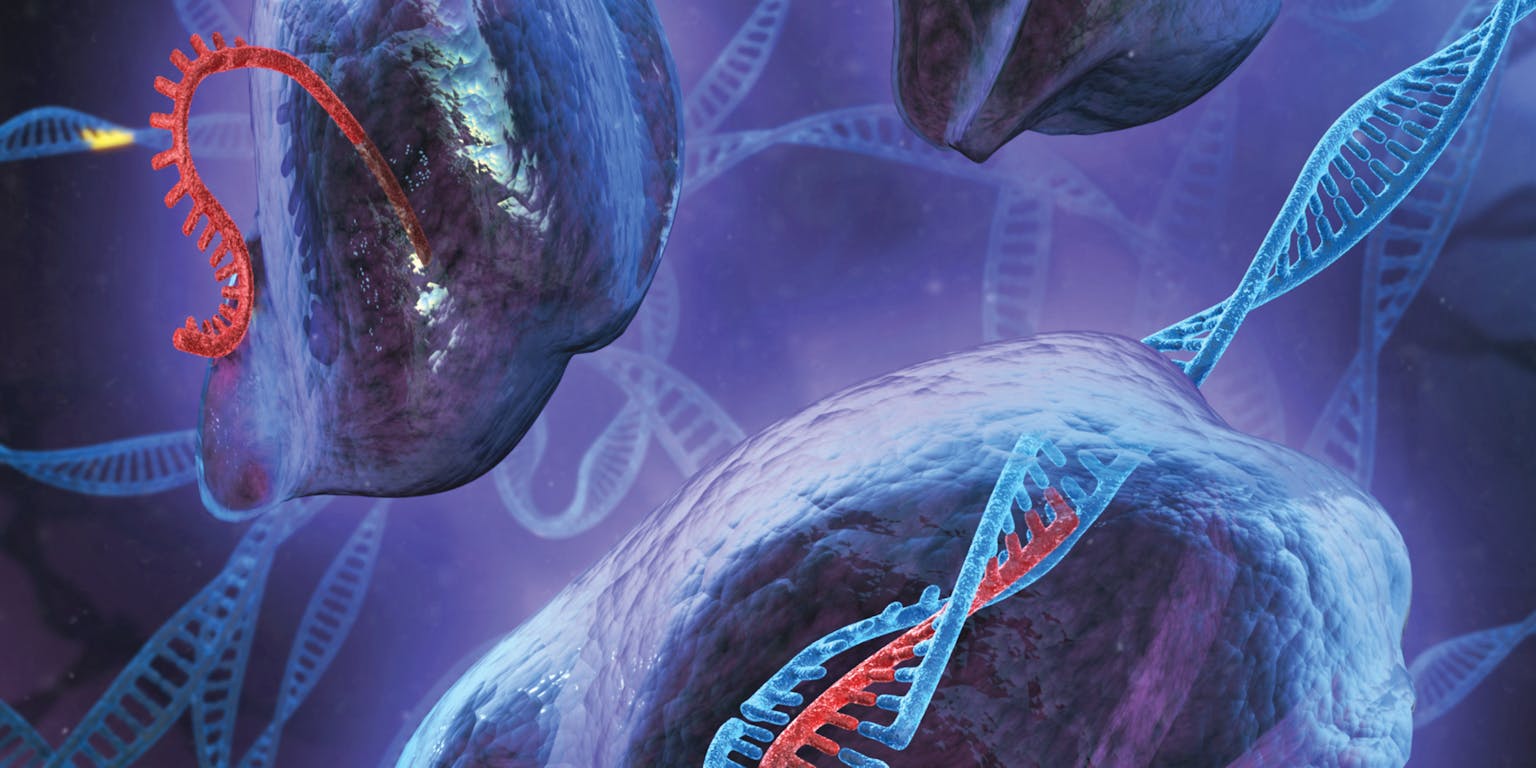 Een illustratie van een DNA-cel en een DNA-streng.