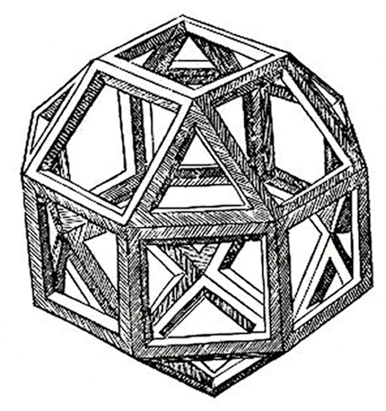 Een zwart-wit tekening van Leonardo da Vinci's Polyhedra.