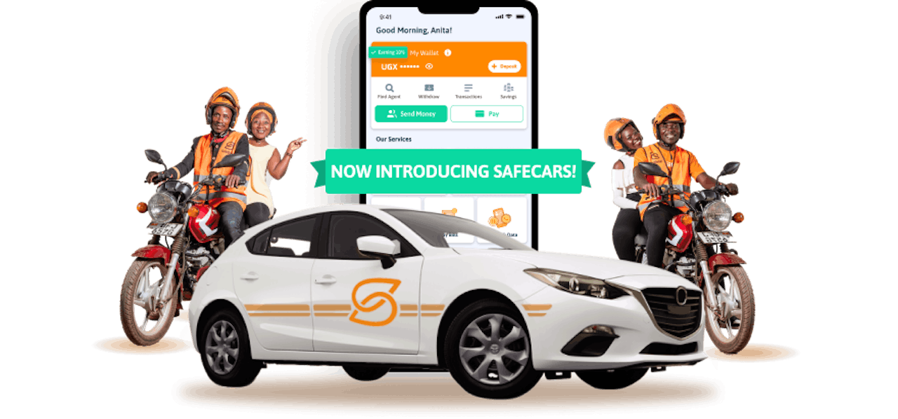 Smartphone met de Afrikaanse app SafeBoda en daarbij twee motoren en auto, waarmee taxiritten zijn te boeken.
