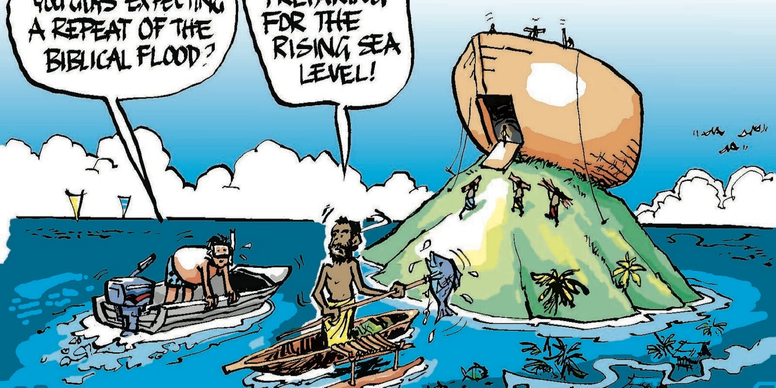 Een cartoon van een groep eilandbewoners die zich met een grote boot voorbereid op de stijgende zeespiegel.