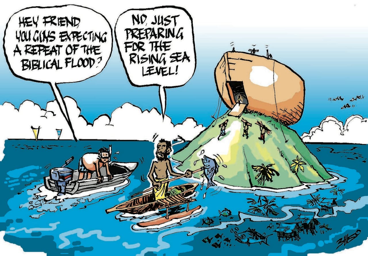 Een cartoon van een groep eilandbewoners die zich met een grote boot voorbereid op de stijgende zeespiegel.