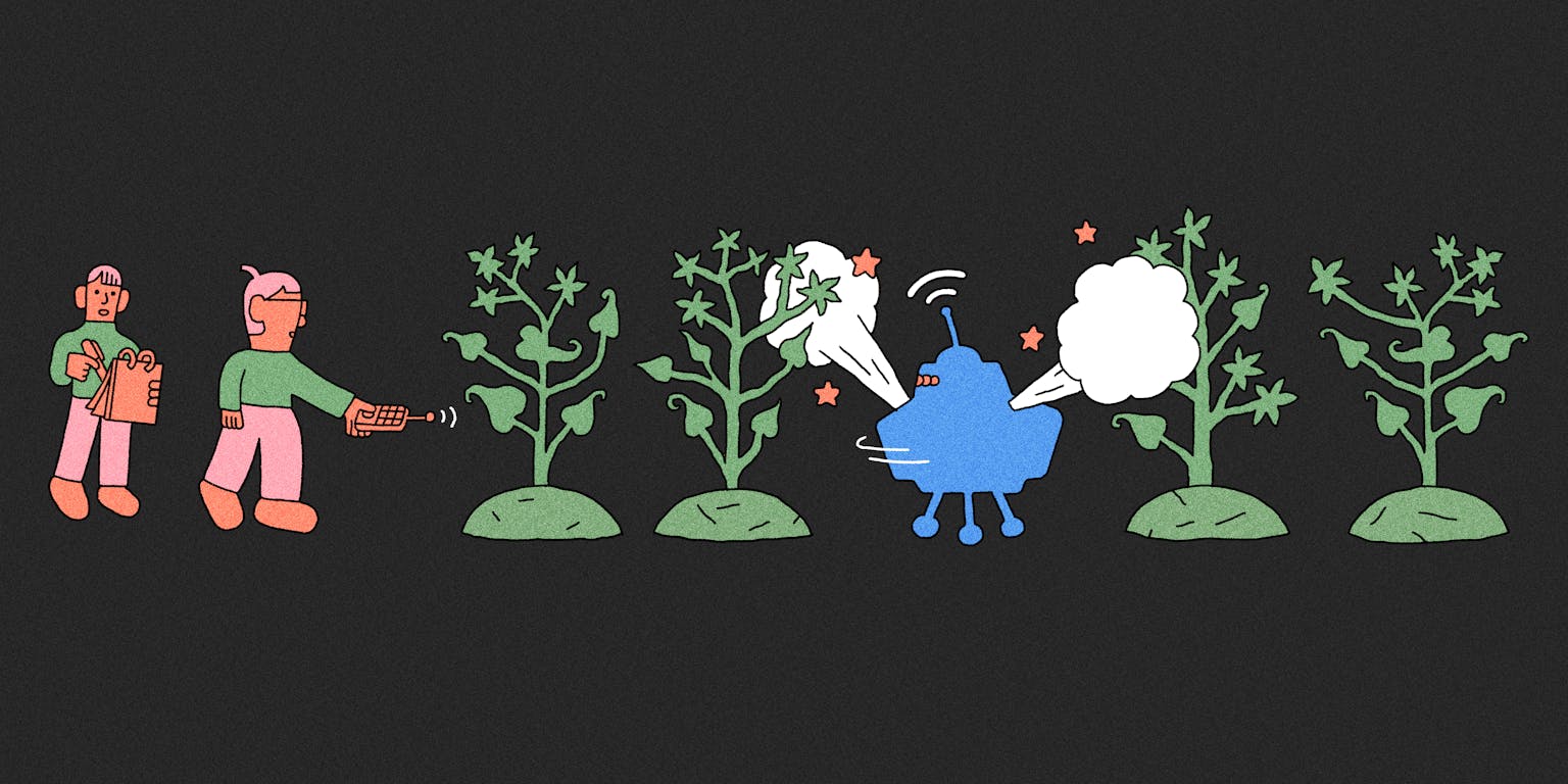 Een illustratie van een persoon met een afstandbediening omringd door planten en een robot.