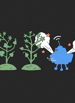 Een illustratie van een persoon met een afstandbediening omringd door planten en een robot.