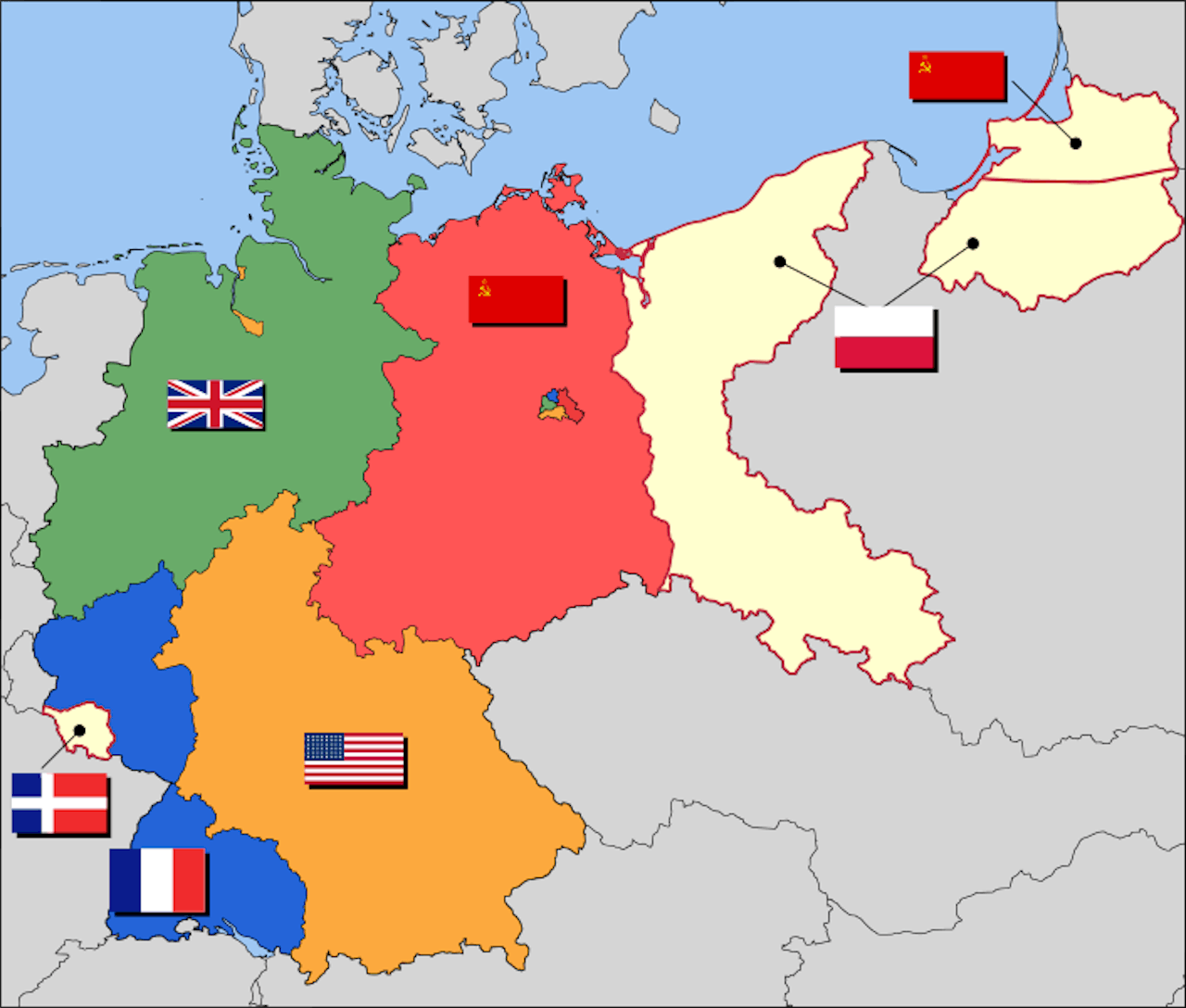 Een kaart van Duitsland met verschillende vlaggen van andere landen.