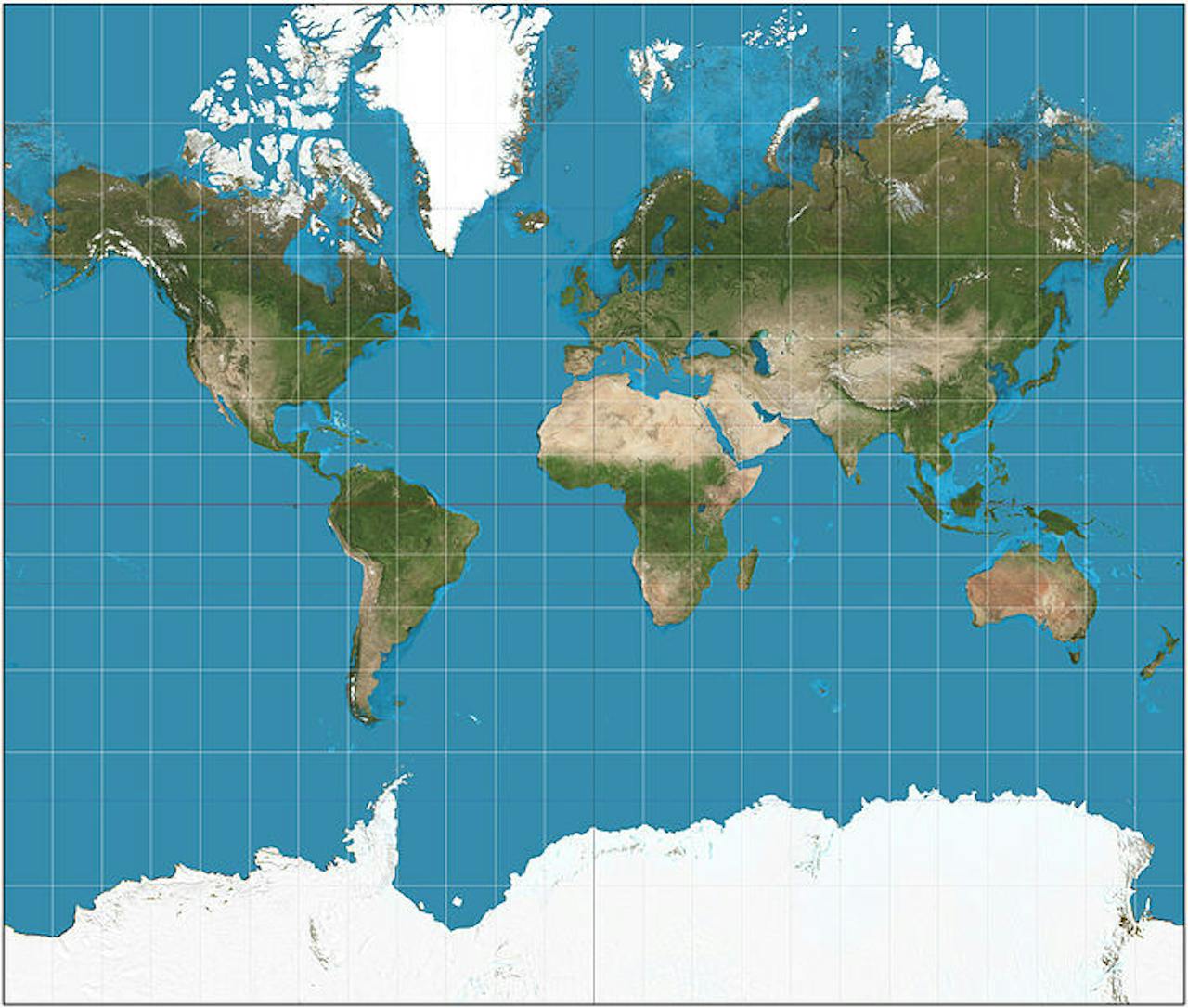 Wereldkaart gemaakt volgens de Mercator projectie. Op deze kaart zijn de hoeken tussen verschillende richtingen gelijk aan de hoeken tussen die richtingen op het aardoppervlak. In de scheepvaart is dat erg belangrijk.