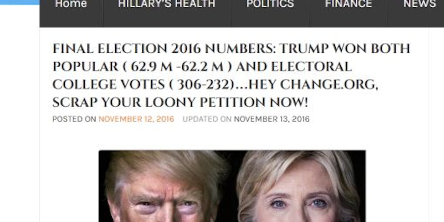 Screenshot van nepnieuws, waarin wordt beweerd dat Trump de popular vote heeft gewonnen van de Amerikaanse verkiezingen in 2016. Deze werden gewonnen door Clinton.
