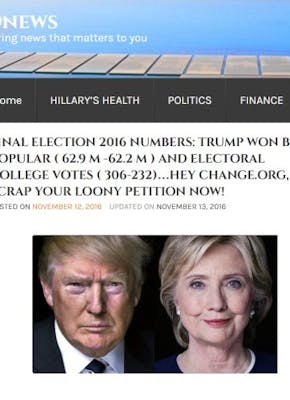 Screenshot van nepnieuws, waarin wordt beweerd dat Trump de popular vote heeft gewonnen van de Amerikaanse verkiezingen in 2016. Deze werden gewonnen door Clinton.