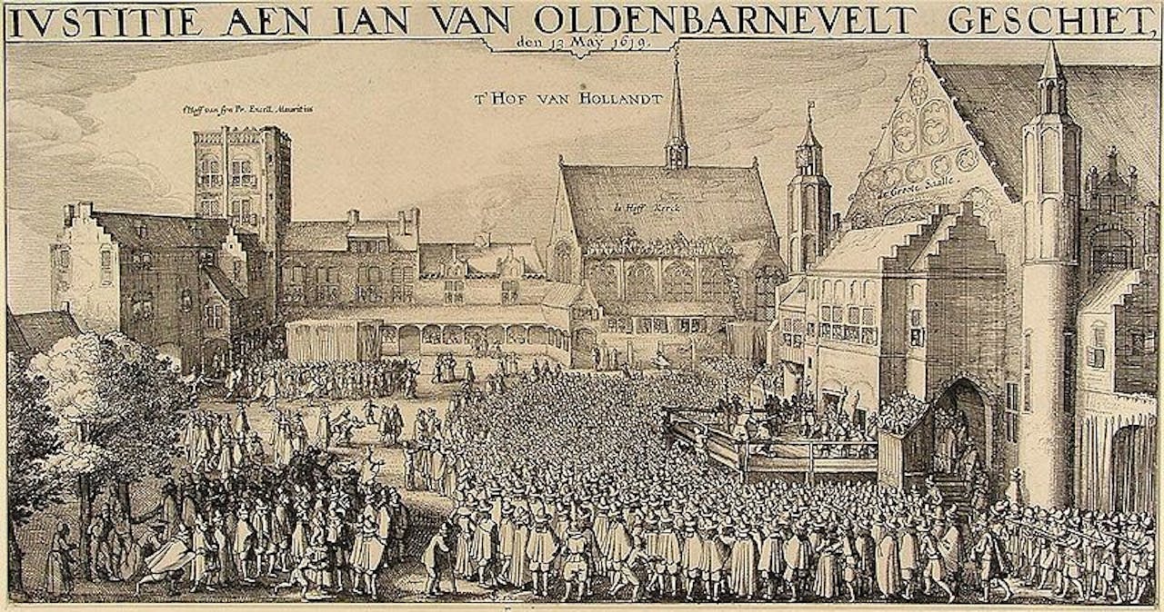 Een oude tekening van de onthoofding van Johan van Oldenbarnevelt.
