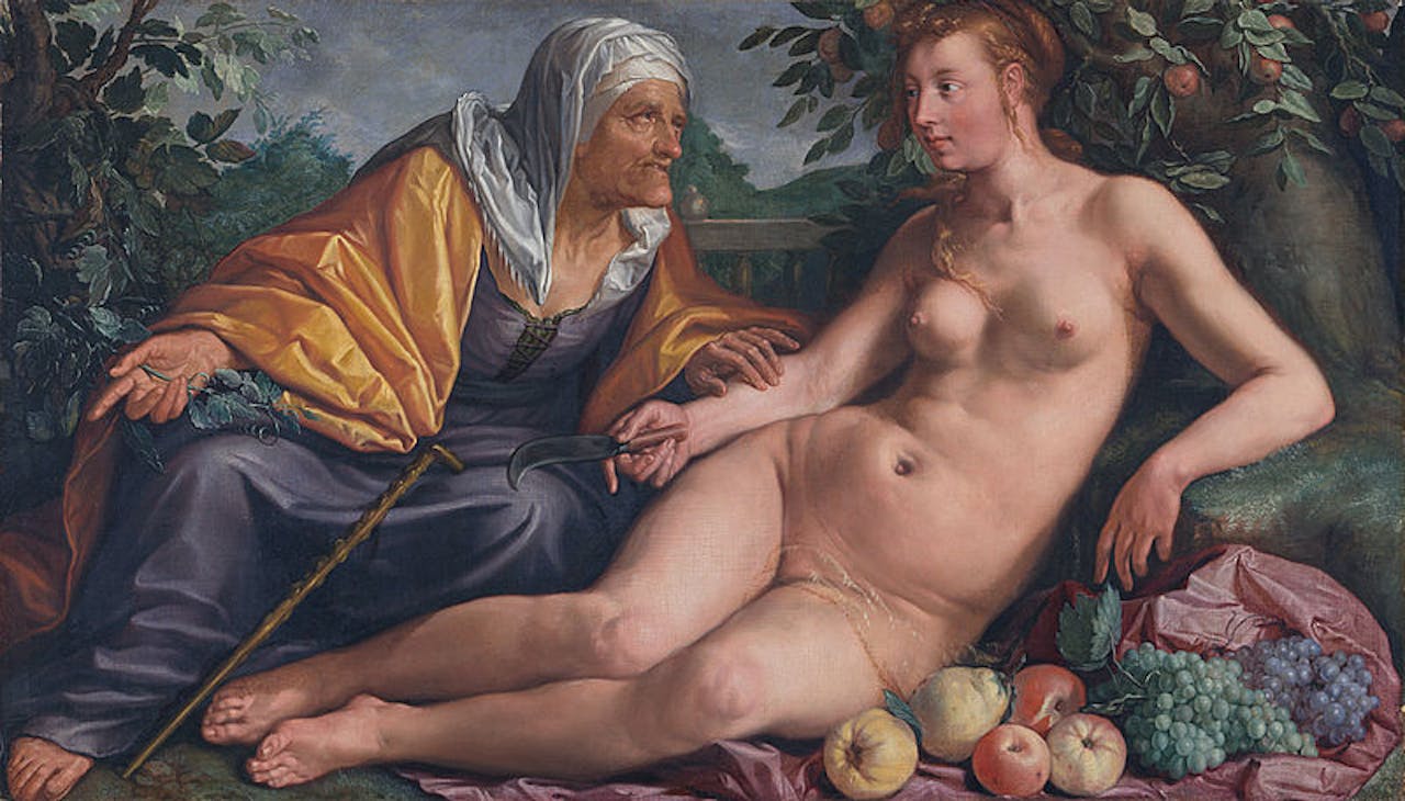 Een schilderij van Hendrick Goltzius. Vertumnus en Pomona zijn samen afgebeeld.