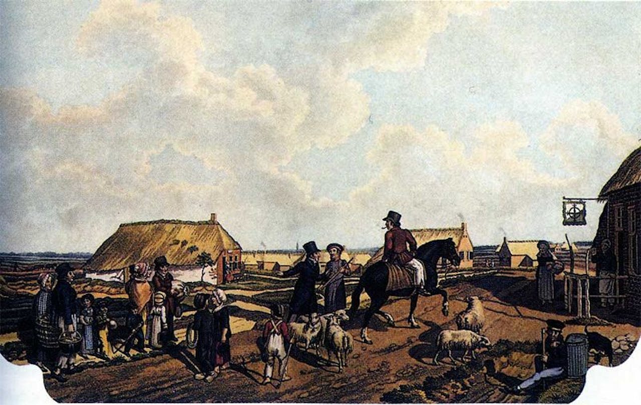 Een schilderij van een groep mensen in een dorp.