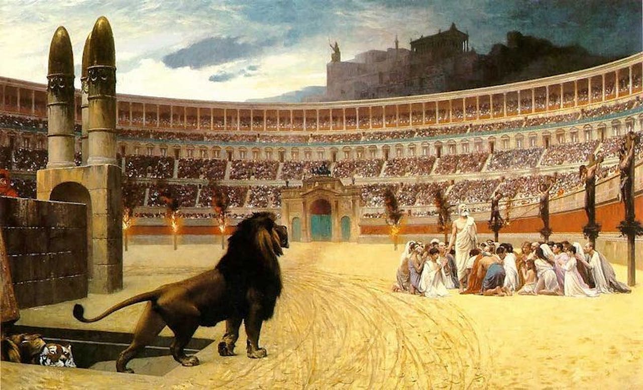 Een schilderij van een arena met een leeuw in het midden.