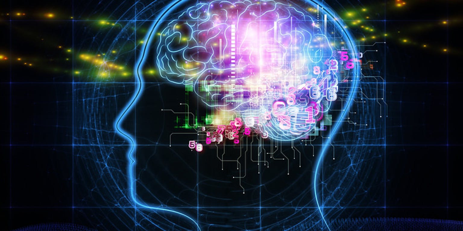 Een digitale weergave van een persoon met gloeiende hersenen. De achtergrond is blauw.