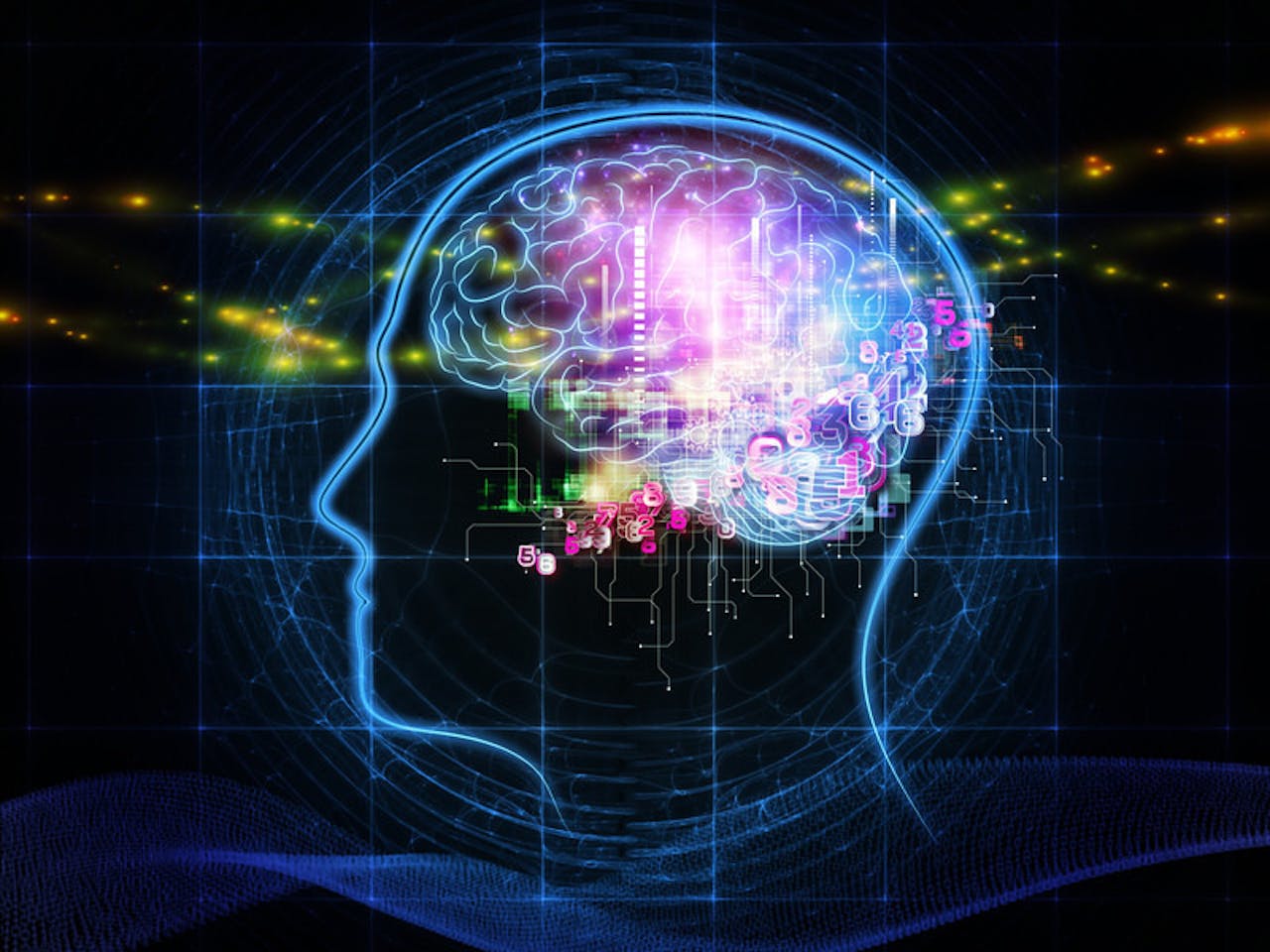 Een digitale weergave van een persoon met gloeiende hersenen. De achtergrond is blauw.