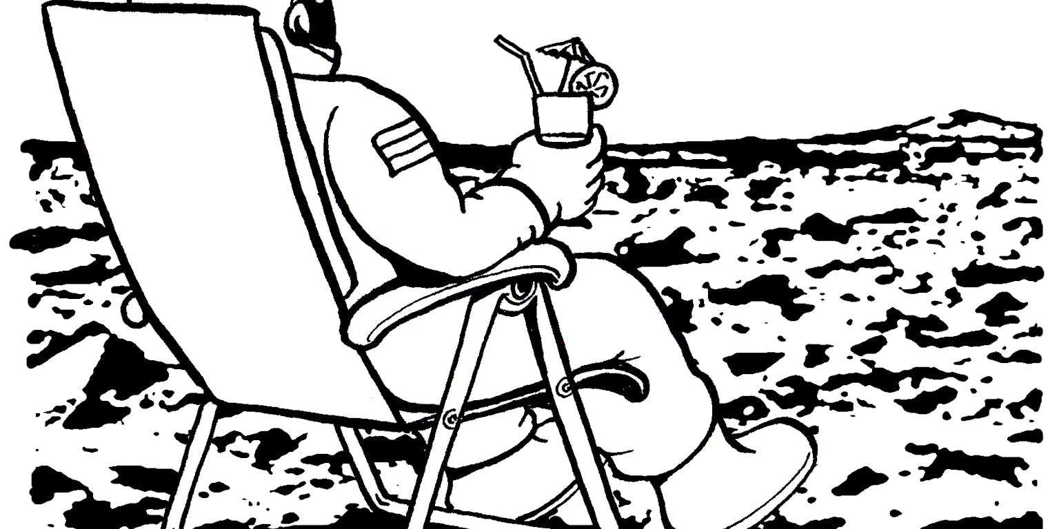 Een tekening van een astronaut die in een tuinstoel zit met een drankje.