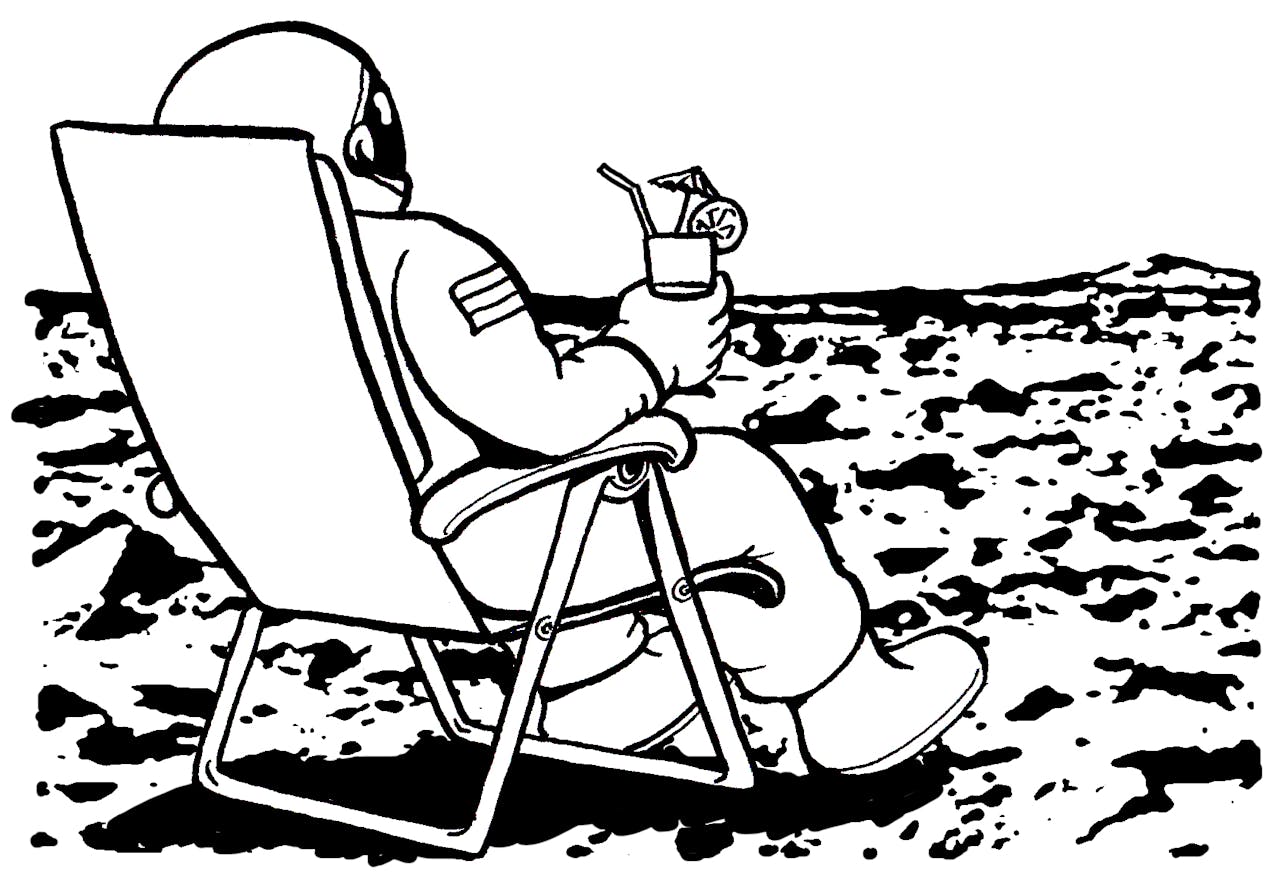 Een tekening van een astronaut die in een tuinstoel zit met een drankje.
