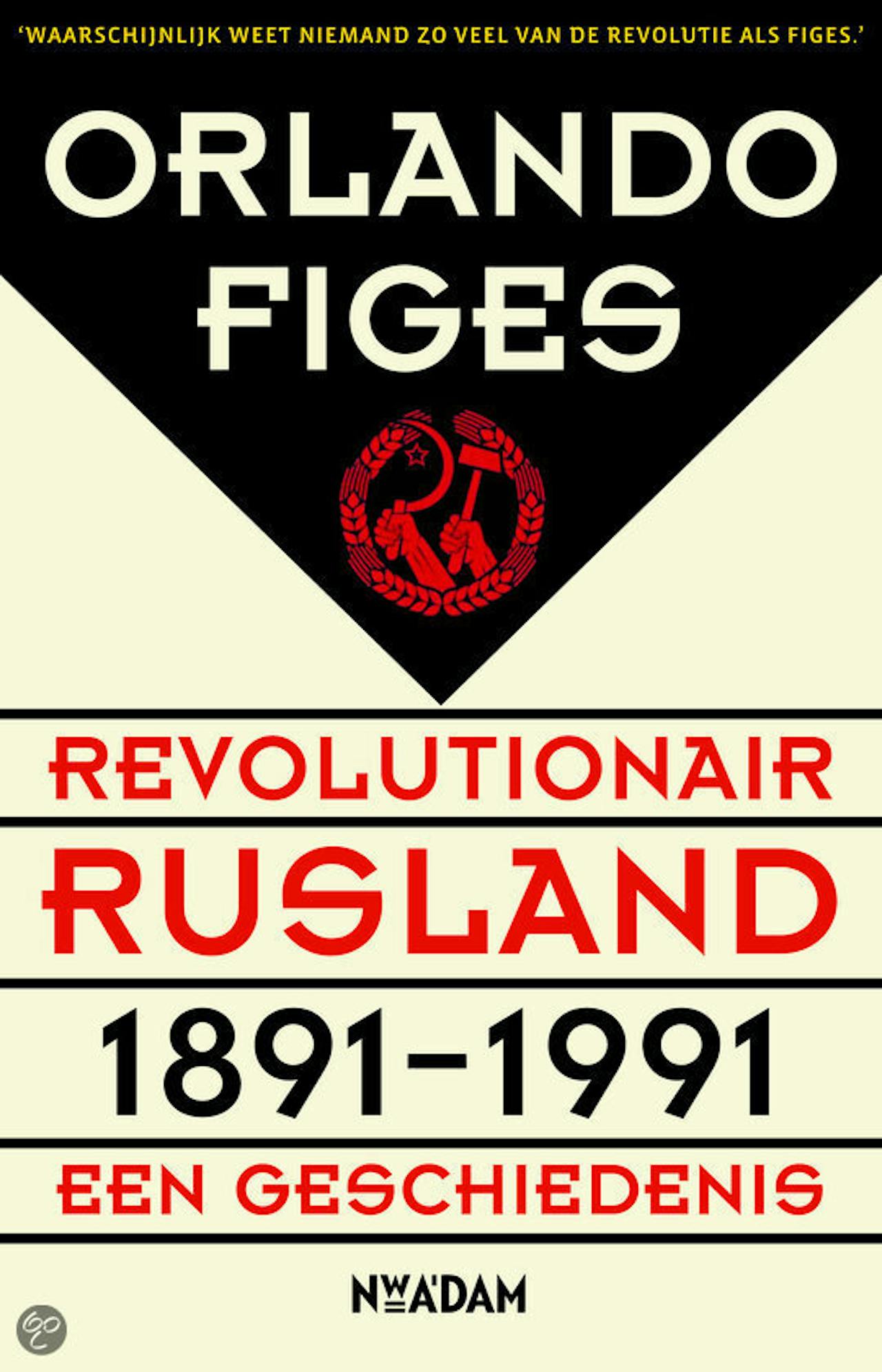 Een poster met de woorden revolutionair Rusland erop. De tekst is in het rood.