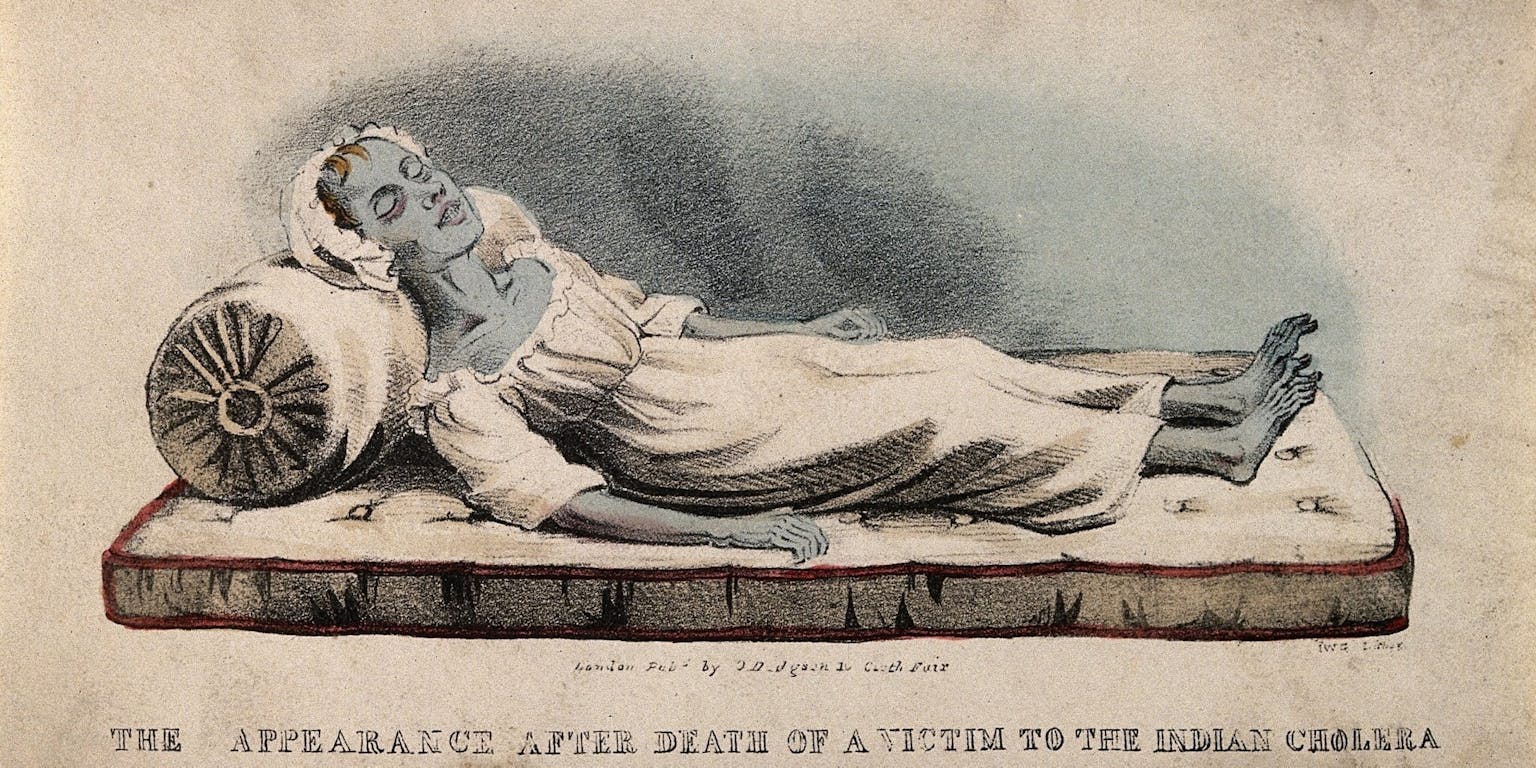 Een illustratie van een dode vrouw die op een bed ligt. Het lichaam is blauw aangelopen.