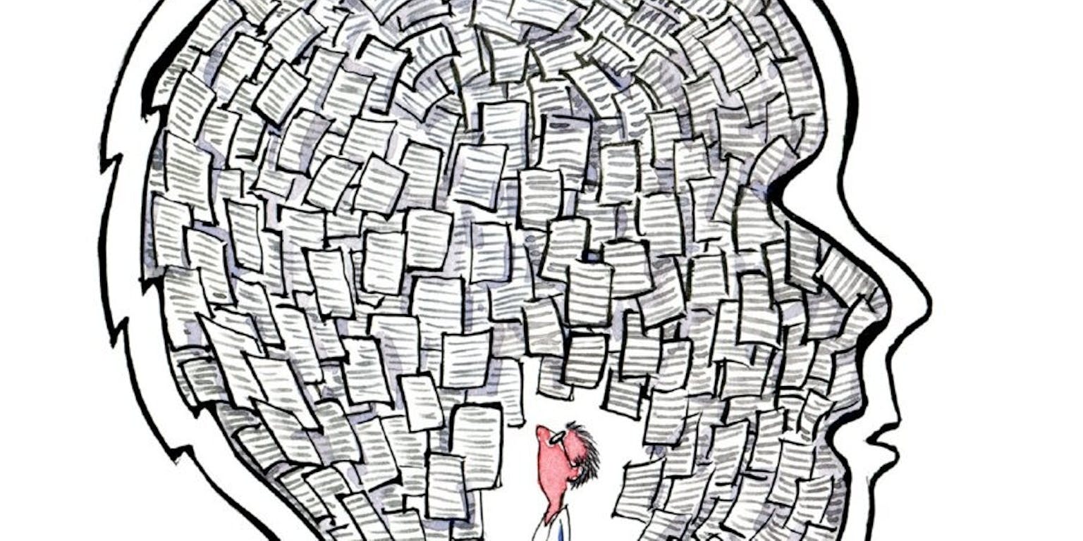 Een illustratie van een hoofd met veel papier erin. Er staat ook een poppetje in het hoofd, tussen het papier.