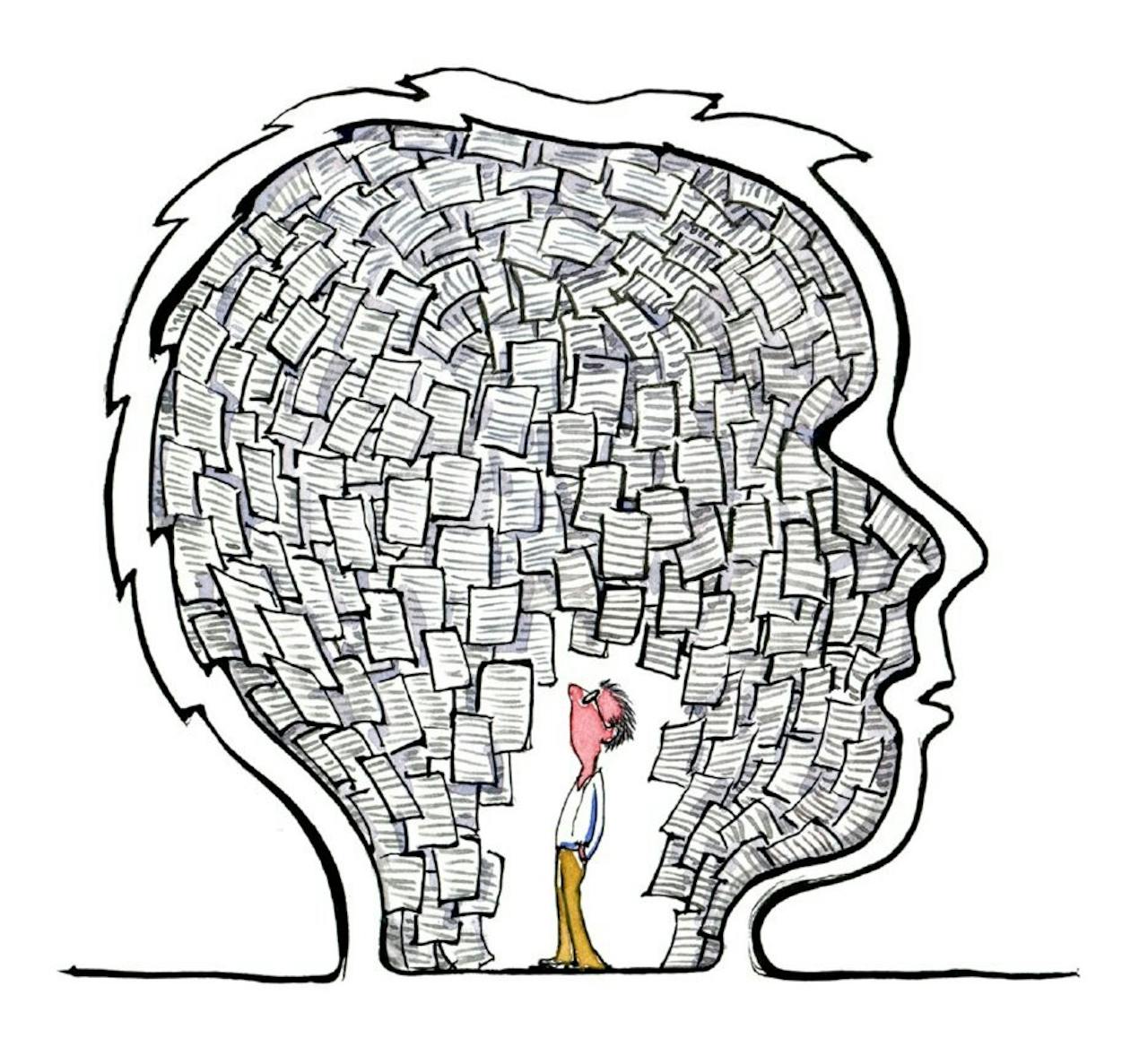 Een illustratie van een hoofd met veel papier erin. Er staat ook een poppetje in het hoofd, tussen het papier.