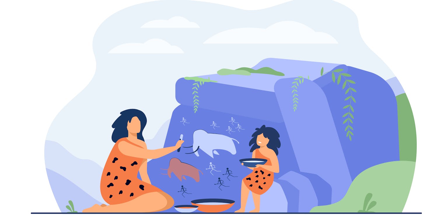 Een illustratie van holbewoners die muurtekeningen maken.