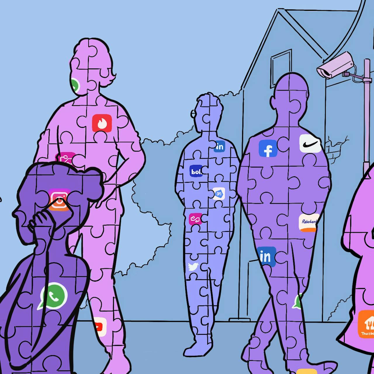 Een illustratie van personen die bestaan uit puzzelstukjes. In hun lichaam zitten verschillende apps.