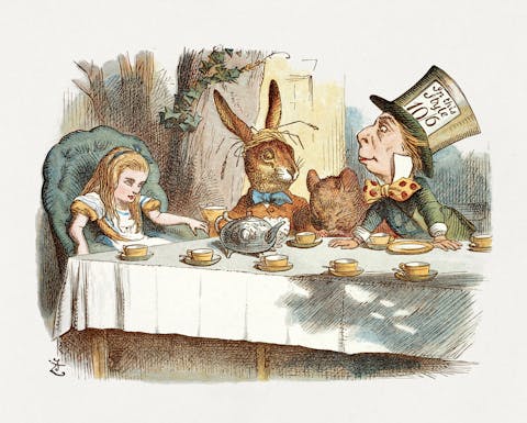 Net als Alice, ging ik steeds dieper het konijnenhol in... Illustratie van Alice, de Maartse Haas en de Gekke Hoedenmaker tijdens het bekende theefeestje in het boek De avonturen van Alice in Wonderland.