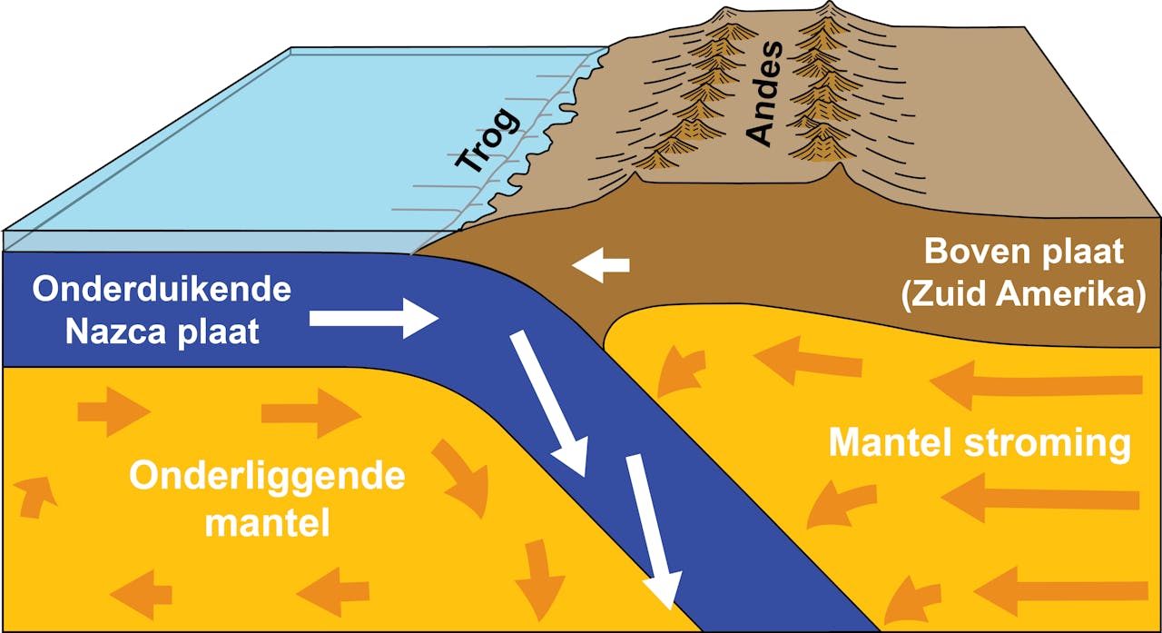Een schematische weergave van aardplaten in Zuid-Amerika. De Naczaplaat duikt onder de Zuid-Amerikaanse Plaat, en veroorzaakt daarmee veranderingen in de stroming van de mantel. Daardoor kon de Andes ontstaan.