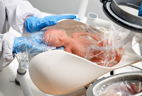 Een arts oefent een bevalling met een robot-model van een vroeggeboren kindje na 24 weken zwangerschap. De zak kunstvruchtwater zorgt voor een veilige overgang van de moeder naar de watercouveuse. Een robotbaby in een doorzichtige zak met kleurloze vloeistof, ondersteund door handen in blauwe handschoenen.