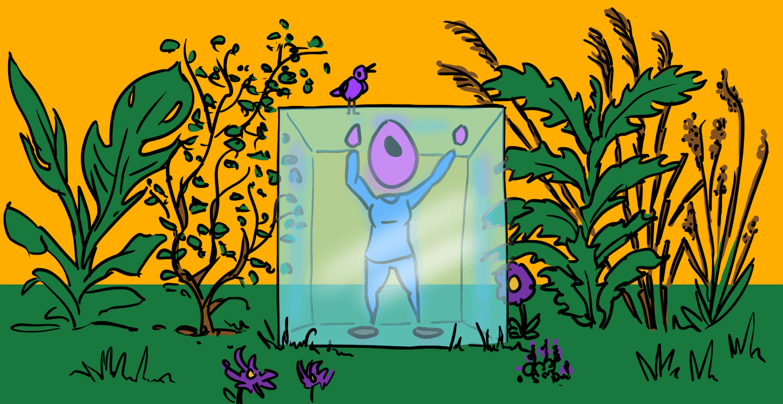 Een cartoon van een persoon in een glazen doos. Op de glazen doos zit een vogel en om de doos groeien planten en struiken.