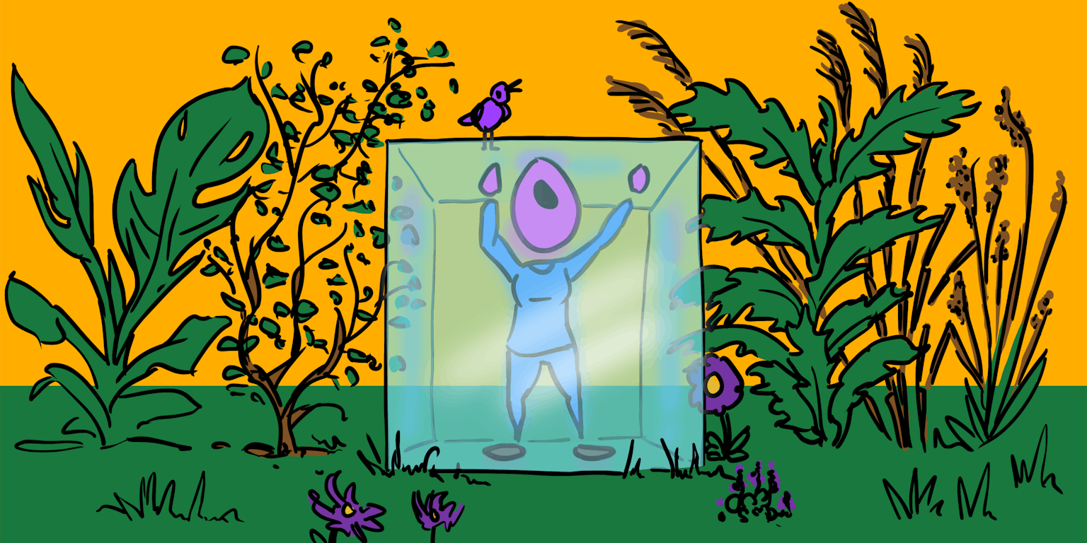 Een cartoon van een persoon in een glazen doos. Op de glazen doos zit een vogel en om de doos groeien planten en struiken.