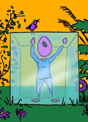 Een cartoon van een persoon in een glazen doos. Op de glazen doos zit een vogel en om de doos groeien planten en struiken.