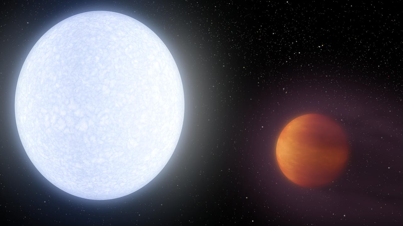 Een tekening van exoplaneet KELT-9b bij zijn ster