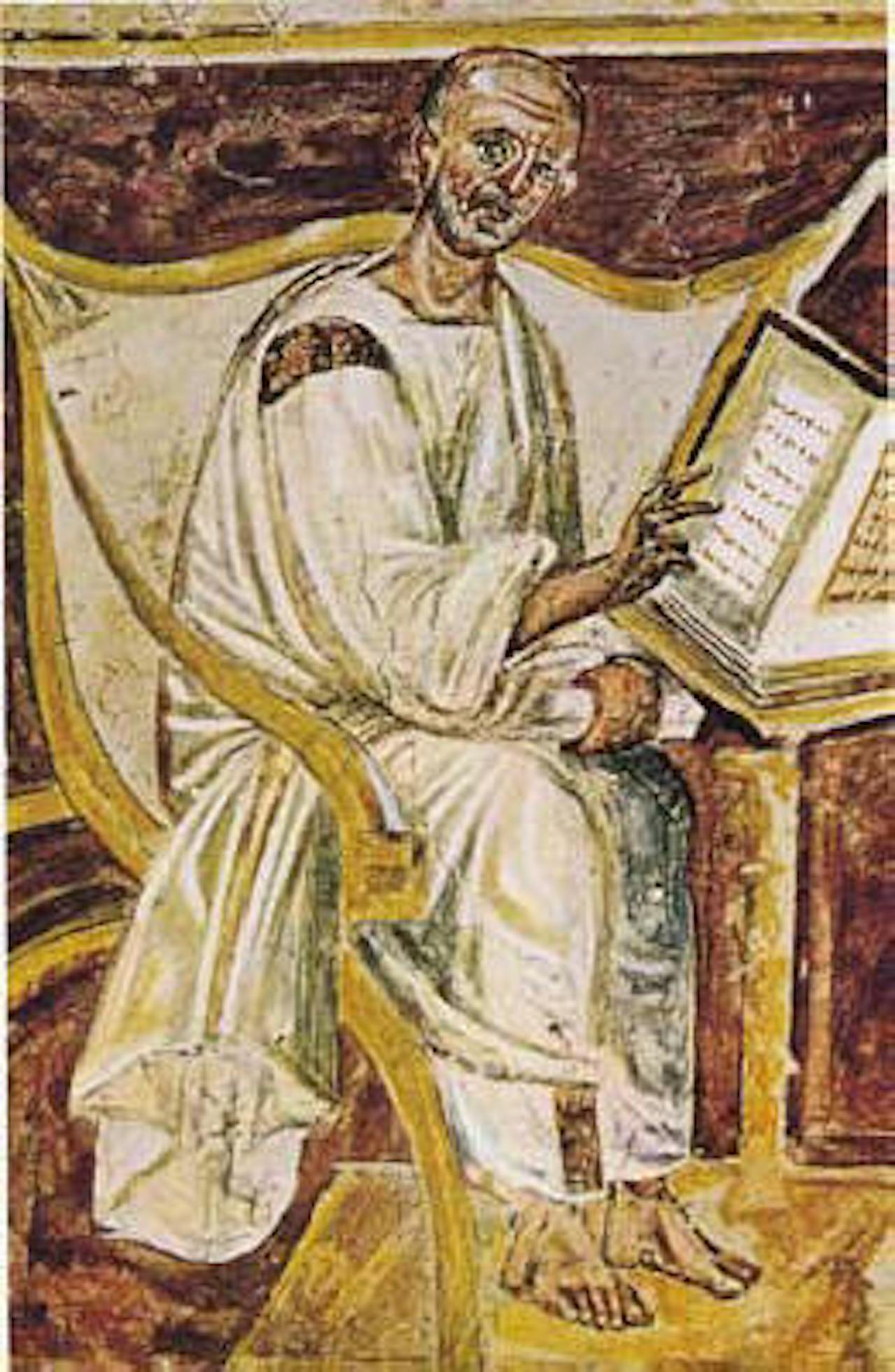 Een schilderij van Augustine Lateran. De man leest een boek en zit in een stoel.