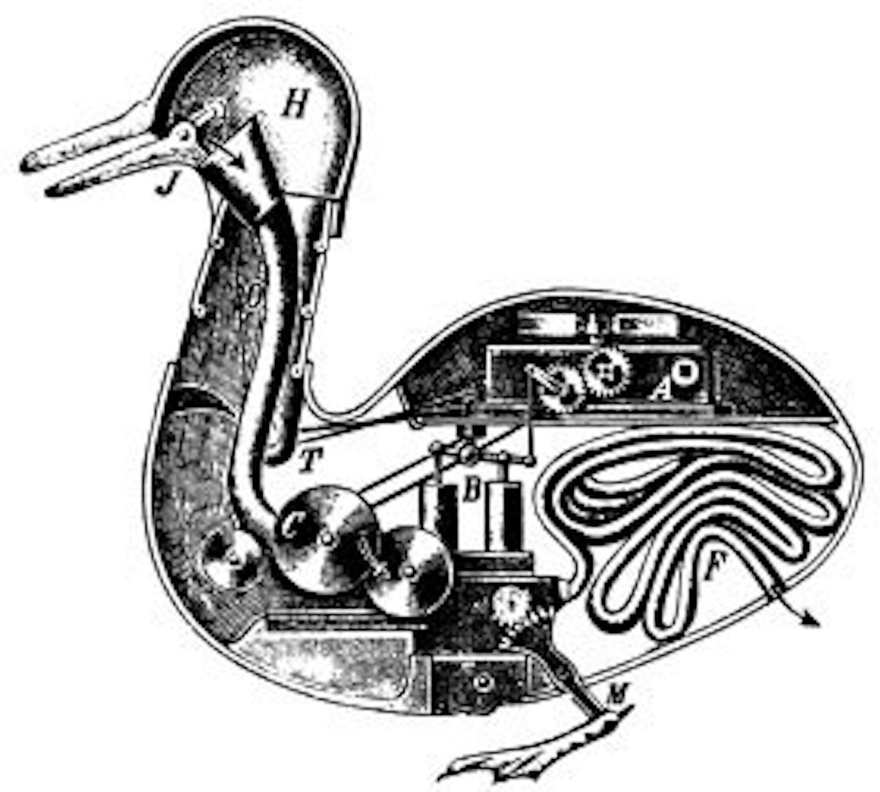 Een oude tekening van een eend met zichtbare techniek in het lichaam.
