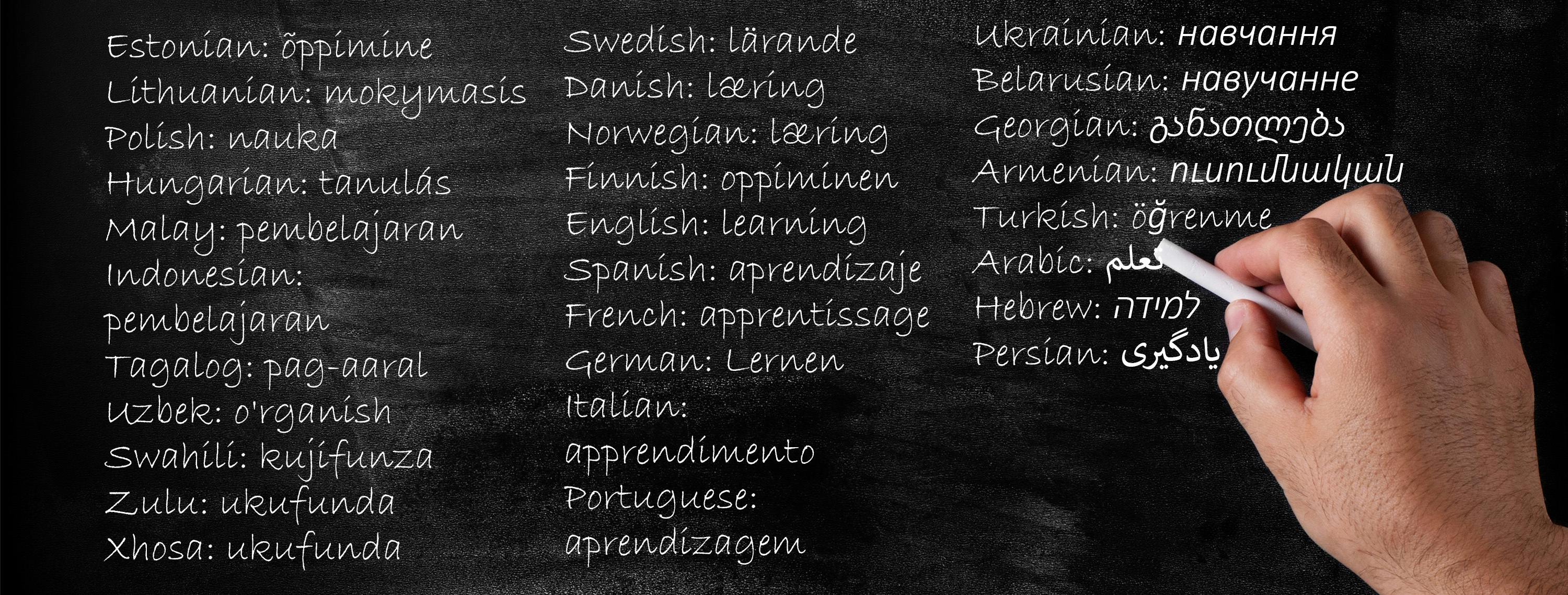 Het woord 'leren' in verschillende talen op een schoolbord.