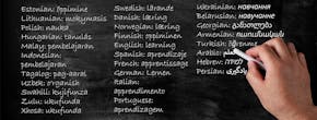 Het woord 'leren' in verschillende talen op een schoolbord.