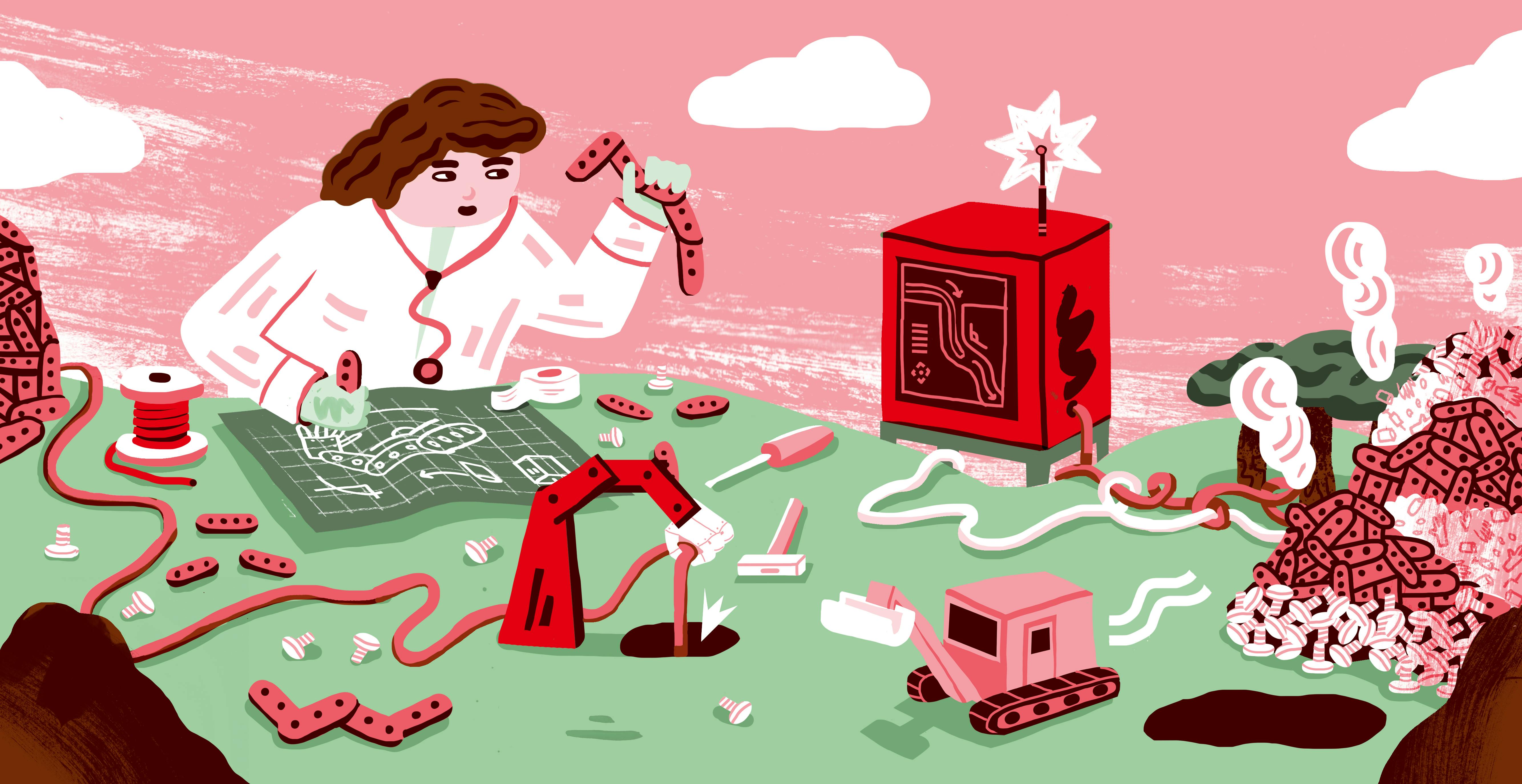 Een illustratie waarop de complexiteit van operatierobots wordt uitgebeeld.