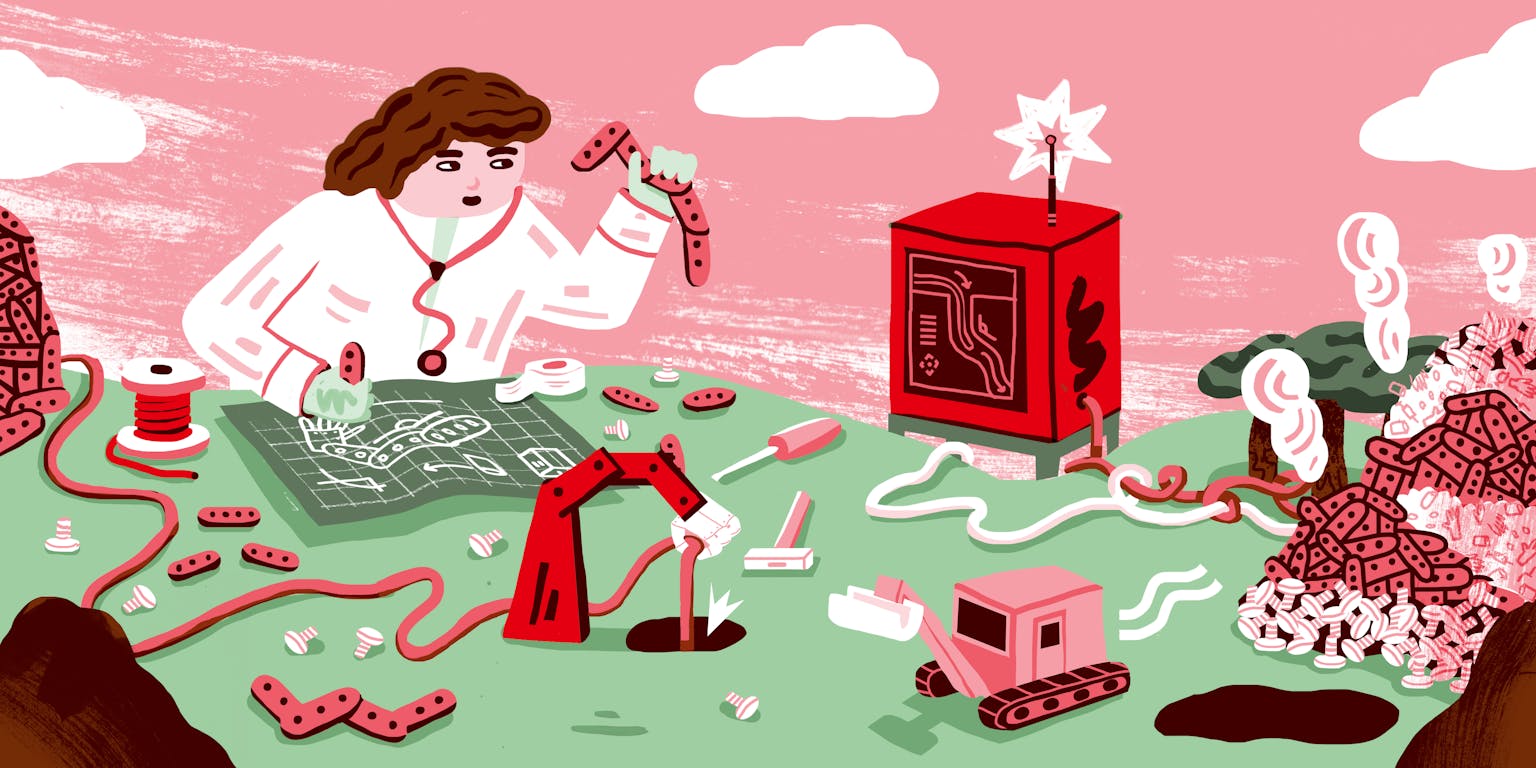 Een illustratie waarop de complexiteit van operatierobots wordt uitgebeeld.