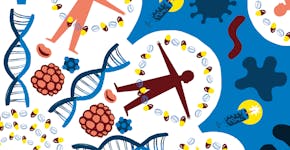 Illustratie van een persoon omringd door DNA-strengen en pillen.