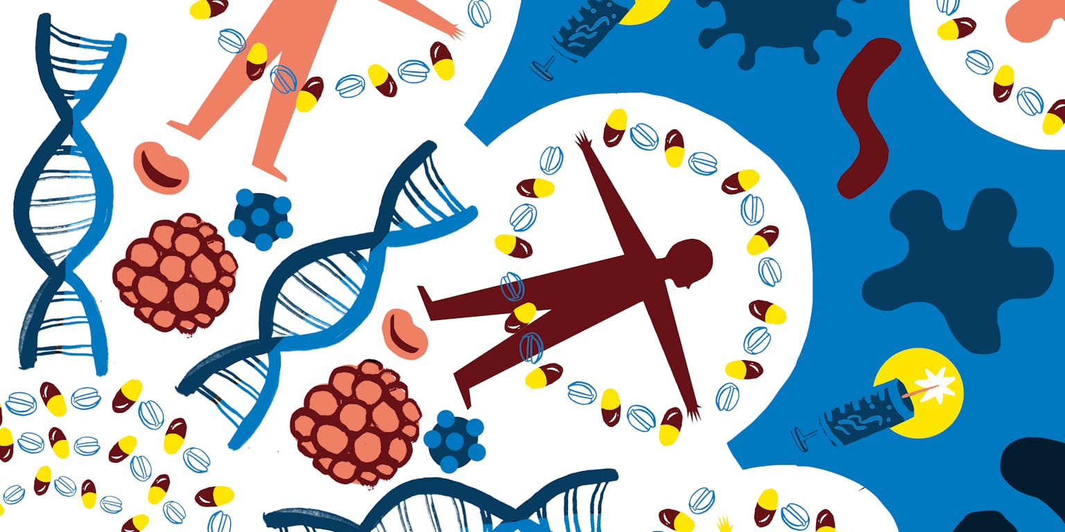 Illustratie van een persoon omringd door DNA-strengen en pillen.