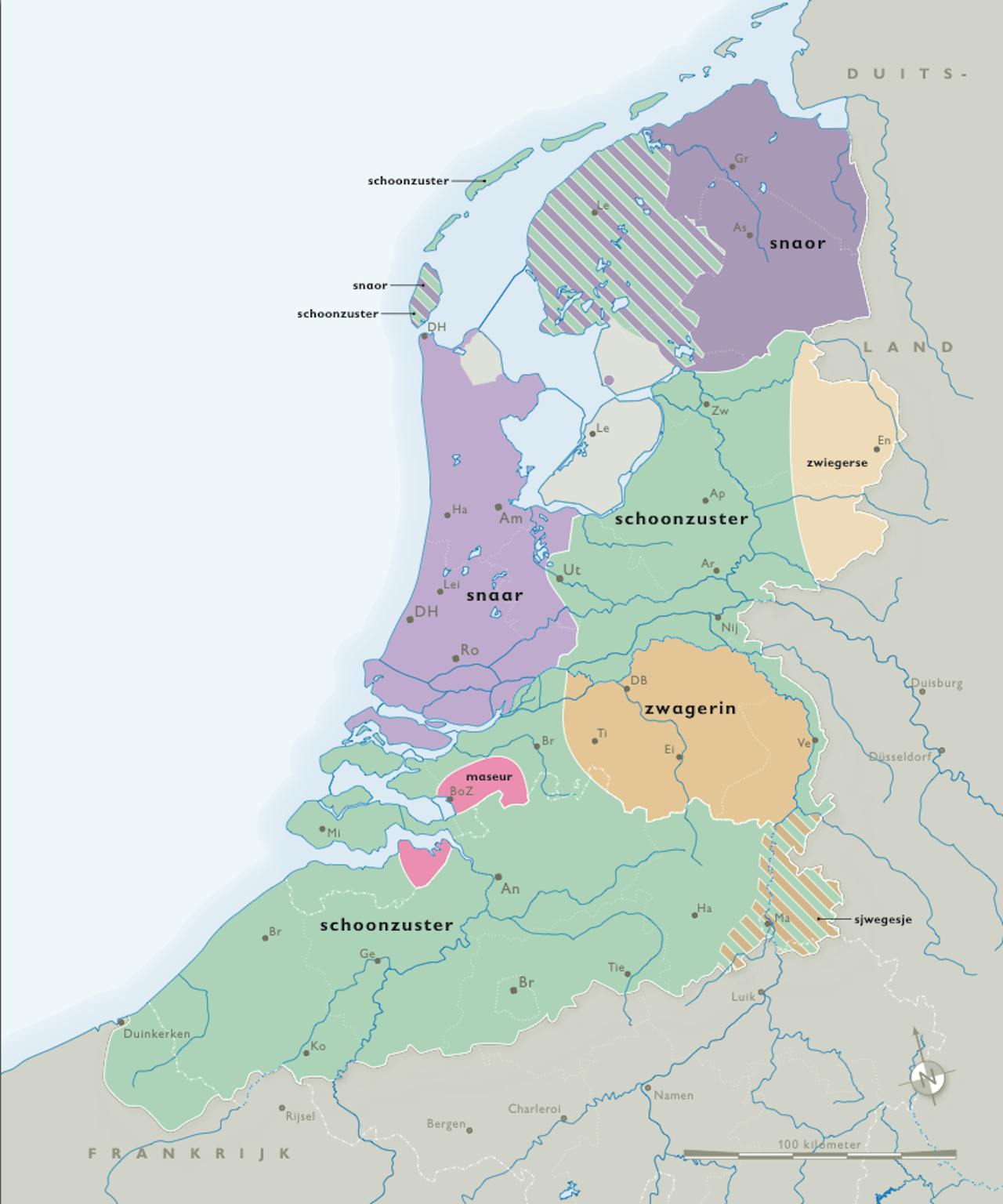Een kaart van Nederland die laat zien hoe verschillende synoniemen van 'schoonzus' verspreid zijn. In dialecten van west- en noord-Nederland is dat vooral snaar of snoar. In het midden van ons land vooral 'schoonzuster'.