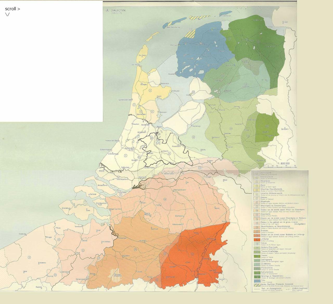 Een kaart van Nederland die laat zien welke dialecten waar gesproken worden.
