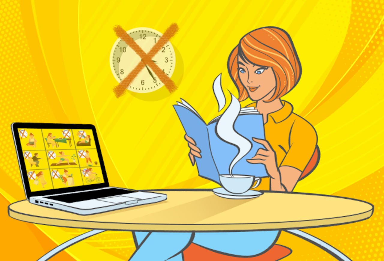 Een illustratie van een persoon die aan tafel zit met een boek, een kop koffie en een laptop.
