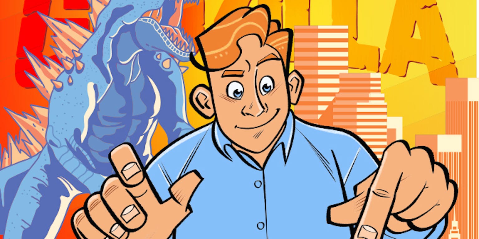 Een illustratie van een man die typt op een toetsenbord met een godzilla op de achtergrond.