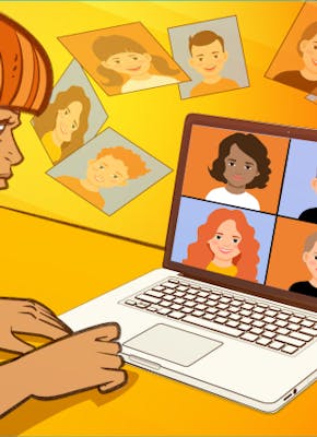 Een cartoon van een vrouw achter een laptop. Op haar scherm zijn vier personen te zien. De achtergrond van de illustratie is oranje.