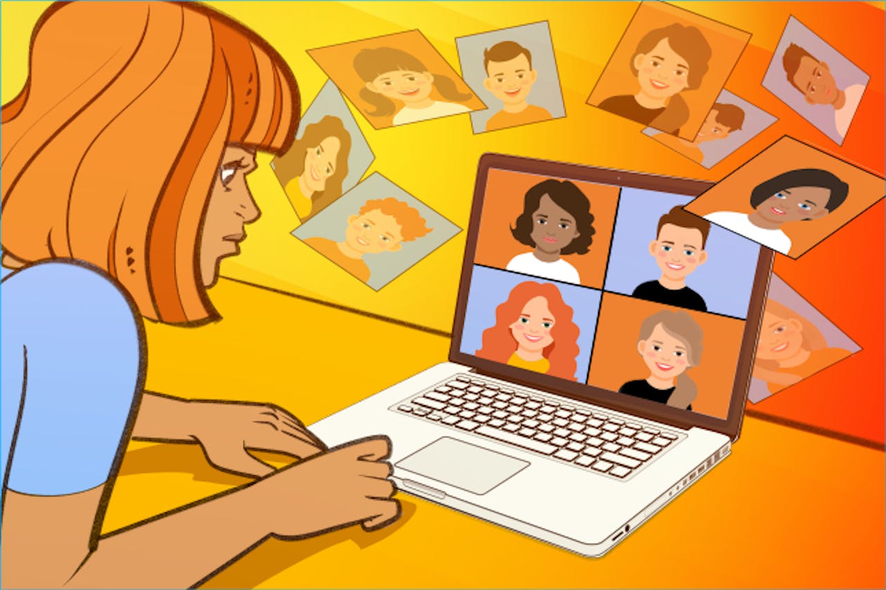 Een cartoon van een vrouw achter een laptop. Op haar scherm zijn vier personen te zien. De achtergrond van de illustratie is oranje.
