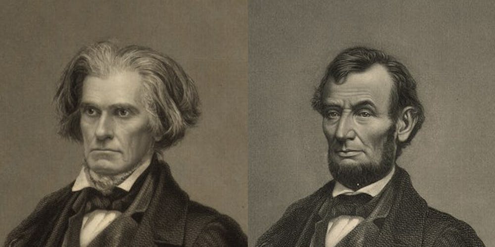 <p>Fotoshop van Abraham Lincoln (rechts) die op het lichaam van John Calhoun (links) werd geplakt in 1865.</p>