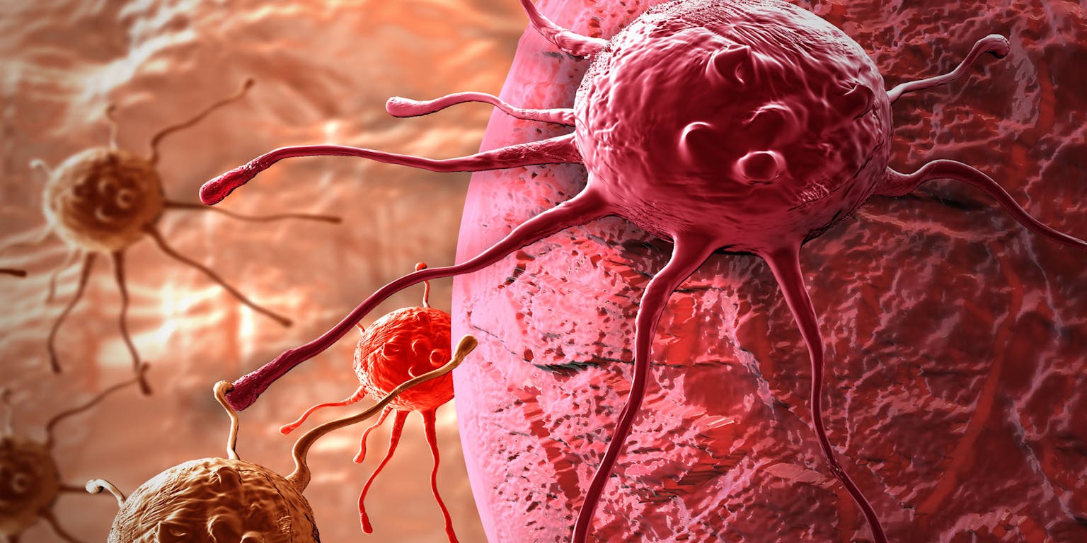 Tekening van tumorcellen die een gezonde cel aanvallen.